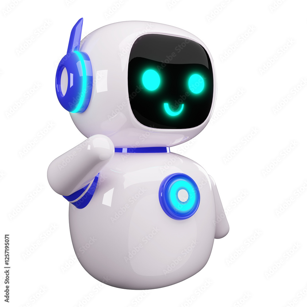 Happy robot. 3d ai character, chat bot mascot isolated on white background, GPT chatbot icon. Artificial intelligence, trendy technology, support service, funny automation computer Happy robot. 3d ai character, chat bot mascot isolated on white background, GPT chatbot icon. Artificial intelligence, trendy technology, support service, funny automation computer