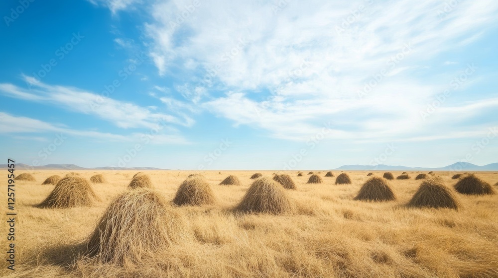 Fototapeta premium Dry grass bundles dot a vast field under a bright blue sky, forming a picturesque summer landscape. 