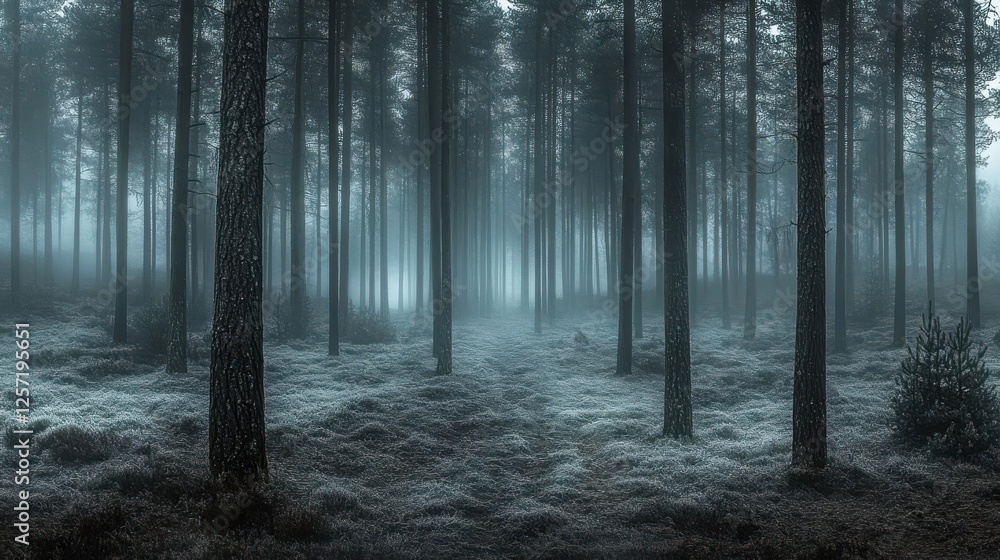 Obraz premium A forest background showcasing a dark pine forest shrouded in a thick fog