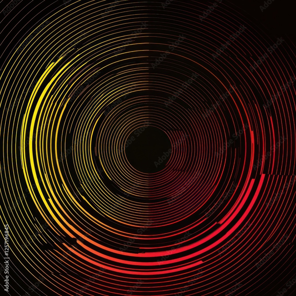 Fototapeta premium Neon yellow and red lines form glowing concentric circles against a pitch-black digital backdrop.