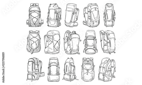 hiking and trekking bags handdrawn collection