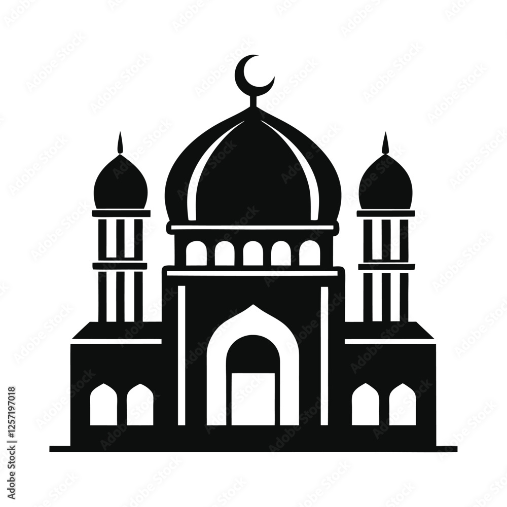 Mosque Icon: A simple yet powerful black and white silhouette of a mosque with minarets and a crescent moon, symbolizing faith, spirituality, and the architectural beauty of Islamic design Mosque Icon: A simple yet powerful black and white silhouette of a mosque with minarets and a crescent moon, symbolizing faith, spirituality, and the architectural beauty of Islamic design