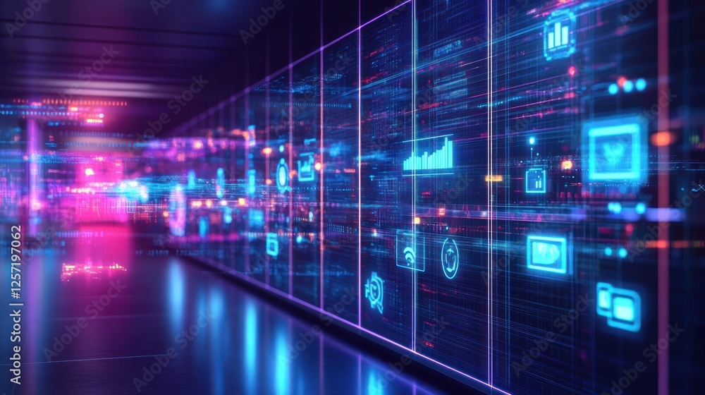 Futuristic server room with glowing screens and network icons Futuristic server room with glowing screens and network icons