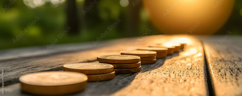 Obraz premium Stacked coins on a wooden table with a sunset in the background