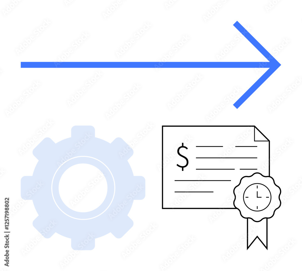 Gear, certificate with dollar sign and clock seal, and blue arrow pointing right. Ideal for themes thumbs up progress, achievement, business growth, productivity, certification, finance and success Gear, certificate with dollar sign and clock seal, and blue arrow pointing right. Ideal for themes thumbs up progress, achievement, business growth, productivity, certification, finance and success