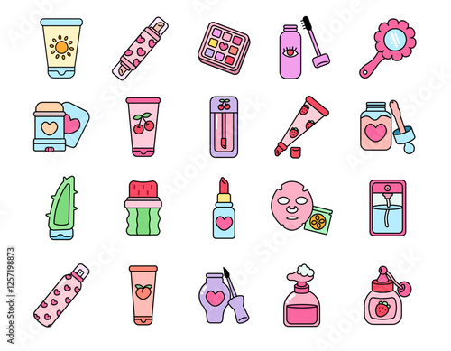 Collection of cosmetic illustrations in cute doodle style, Set of skin care and make up icons