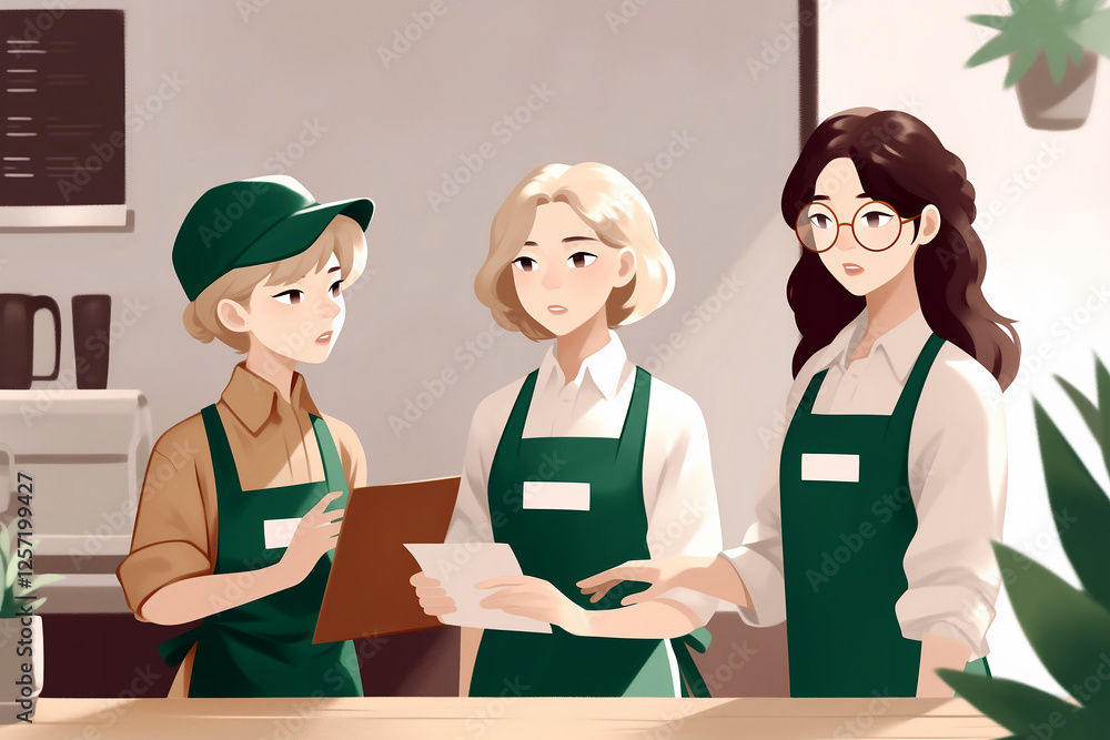 Fototapeta premium Cafe Workers wearing green aprons, collaborating together, for teamwork, customer service, in employee guides, business illustration, with a cozy and inviting atmosphere