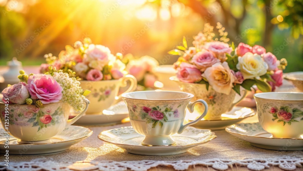 custom made wallpaper toronto digitalVintage Teacups and Floral Arrangements in Soft Golden Light