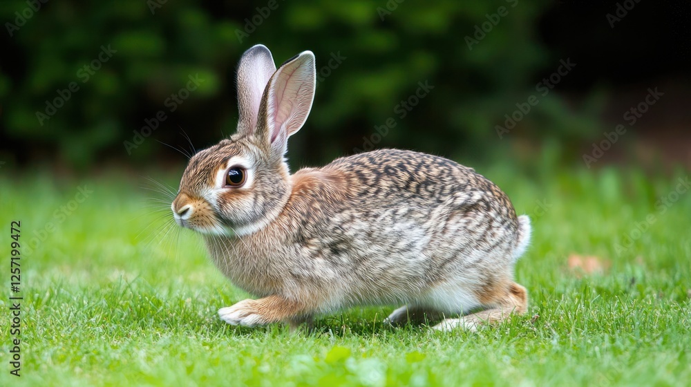 Wild cottontail rabbit sitting attentively in a grassy green field Wild cottontail rabbit sitting attentively in a grassy green field