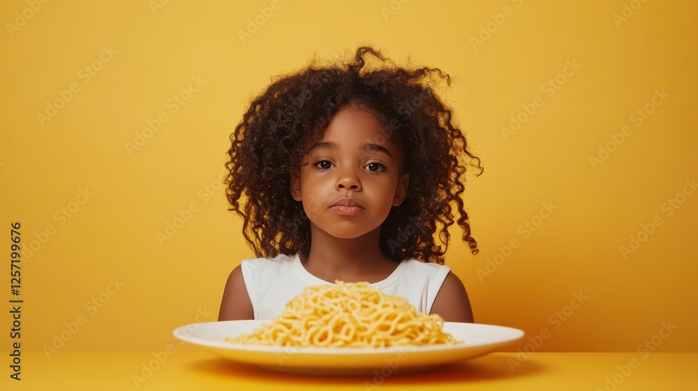 A young African American girl proudly serves delicious pasta against a vibrant background A young African American girl proudly serves delicious pasta against a vibrant background