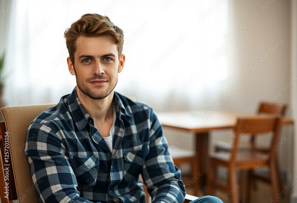 Fototapeta premium Photorealistic portrait of a 30-year-old male in a flannel shirt