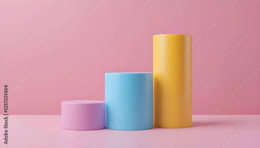 Pastel-Colored Cylindrical Display Stands Against a Pink Background Pastel-Colored Cylindrical Display Stands Against a Pink Background