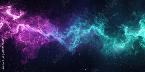Softly glowing waves of purple and aqua create dynamic lines across a shadowy gradient backdrop.
