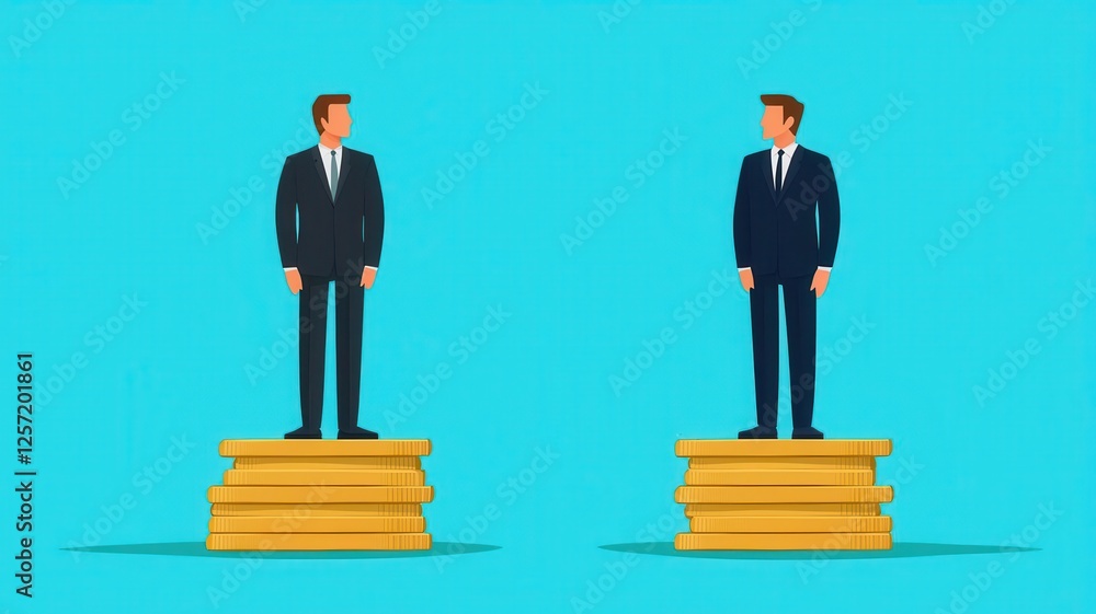 Fototapeta premium Two businessmen stand on stacks of books against a blue background, symbolizing knowledge and competition.