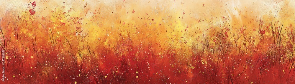 Abstract painting depicts golden and red field with plants Abstract painting depicts golden and red field with plants
