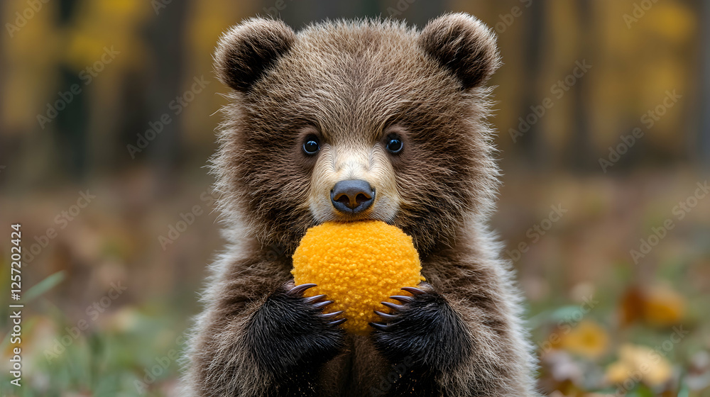 Fototapeta premium Photo, Bear Cub, Autumn Forest, Toy