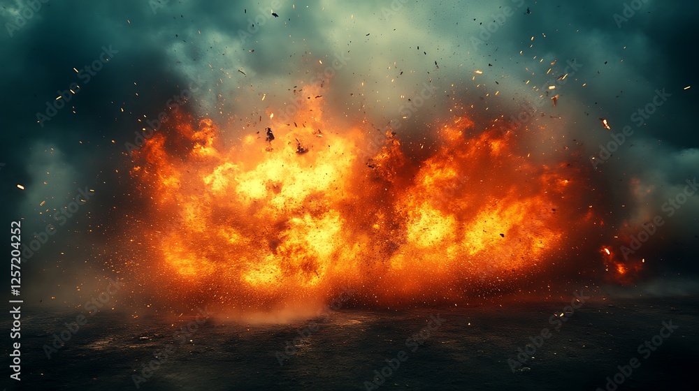 Fiery Explosion Amidst Dark Smoky Clouds Fiery Explosion Amidst Dark Smoky Clouds