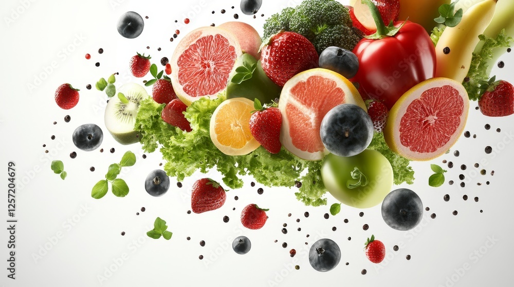 Fresh assorted fruits and vegetables floating on white background for healthy eating concept Fresh assorted fruits and vegetables floating on white background for healthy eating concept