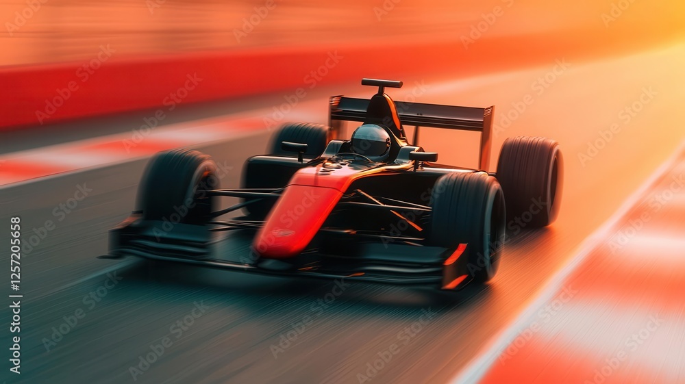 Fototapeta premium Race car speeding down a track at sunset, showcasing motion and excitement.