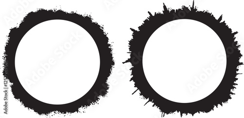 Set of round frames in grunge style. Empty black circle borders. A mess of ink strokes. Black frames on a white background