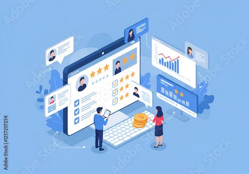 Online customer satisfaction survey service concept. User give Rate service from experience. Consumer give Stars, comment and feedback review for quality, Business reputation ranking from buyers 