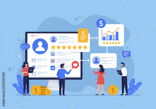 Online customer satisfaction survey service concept. User give Rate service from experience. Consumer give Stars, comment and feedback review for quality, Business reputation ranking from buyers 