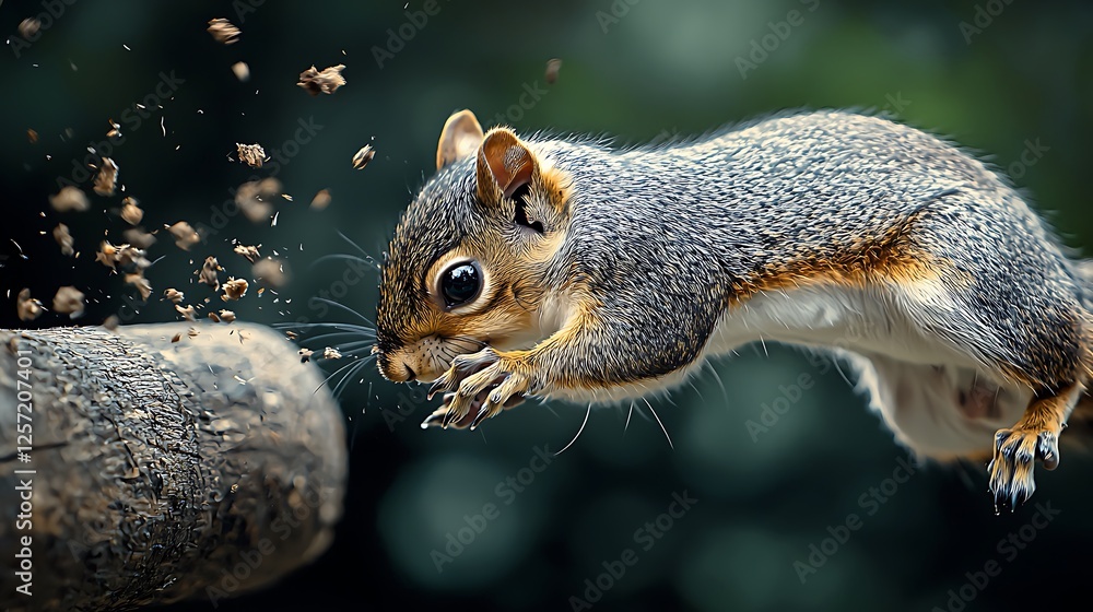 Obraz premium Squirrel Leaping Towards a Log in a Lush Forest Environment, Capturing Dynamic Motion