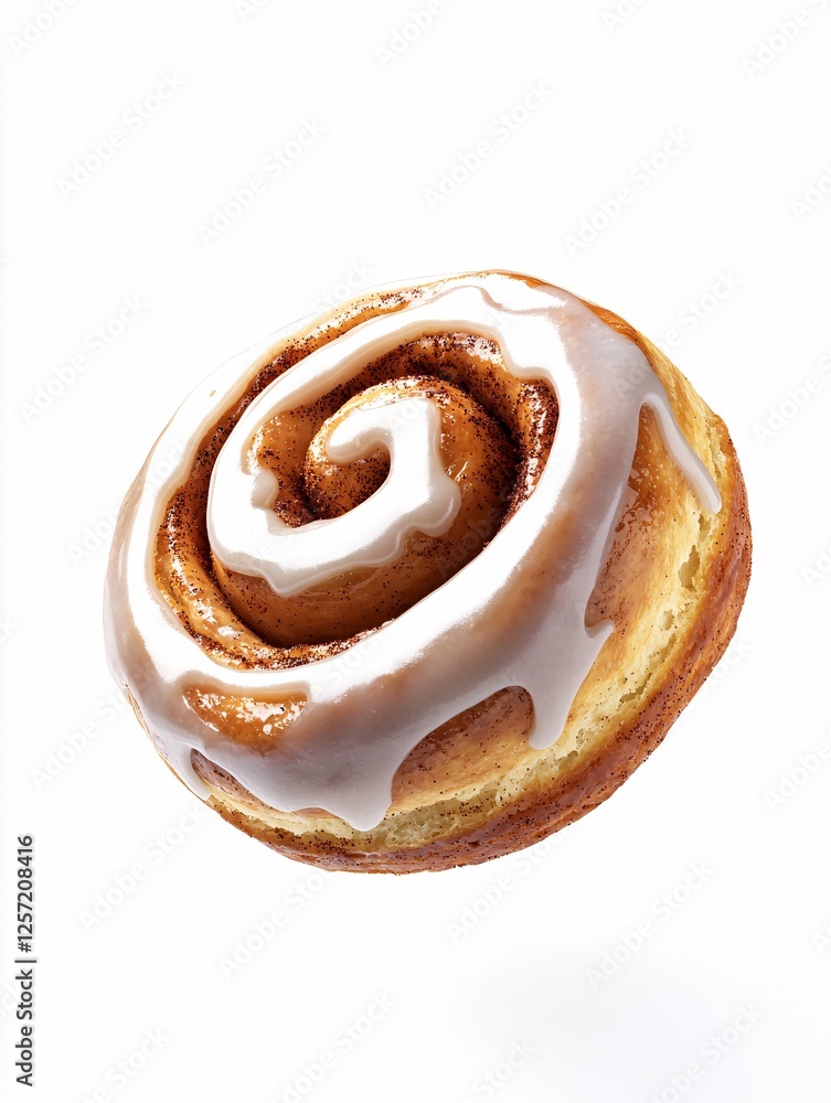 Fototapeta premium A perfectly baked cinnamon roll, glazed with shiny icing, hovers against a stark white backdrop, tempting viewers with its enticing spiraled layers.