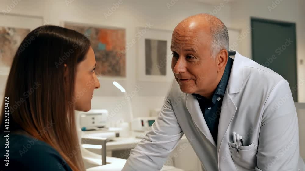 Doctor engages in compassionate conversation with patient in modern clinic setting Doctor engages in compassionate conversation with patient in modern clinic setting