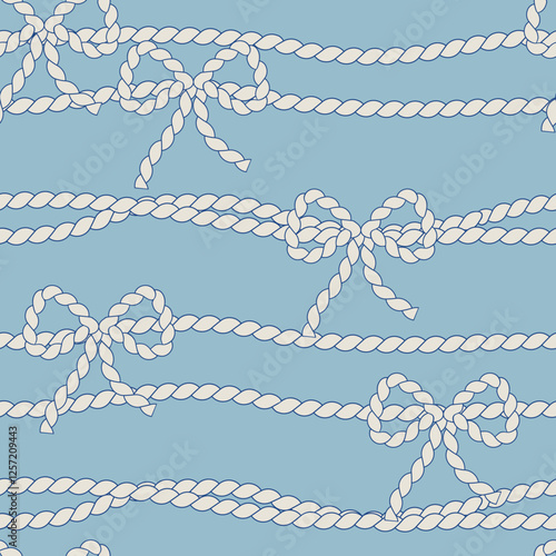 Anchor ropes and lines with bows vector seamless pattern for textile design, scrapbook paper, kids wallpaper. Blue summer fishing theme