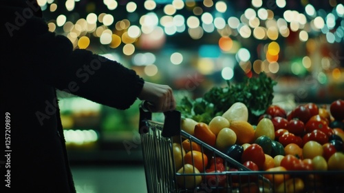 Person pushing a shopping cart filled with fresh produce photo