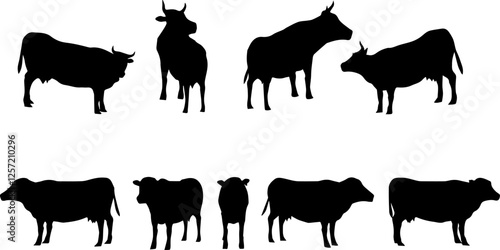 A black silhouette of a cow in a side view, showcasing its distinct body shape, horns, and tail. Ideal for logos, icons, or design elements related to farming, livestock, and agriculture.