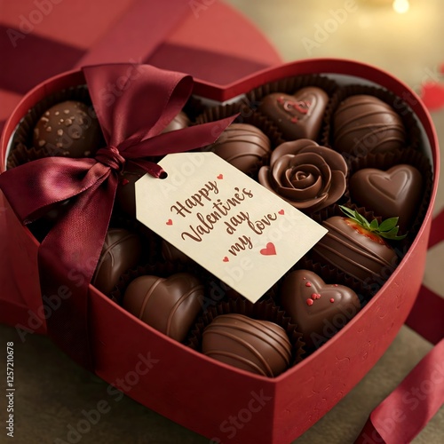 A red heart-shaped gift box tied with a red ribbon and filled with various chocolate candies, accompanied by a 