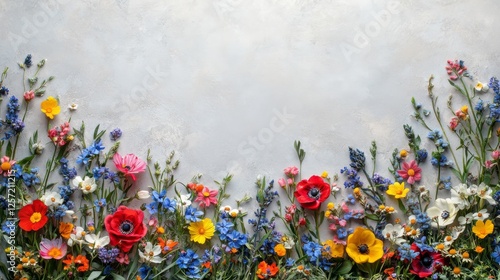 Colorful wildflowers are arranged against a neutral gray background