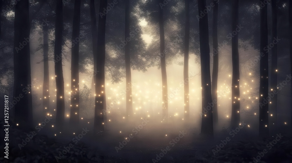 Fototapeta premium A forest background image showcasing A mystical forest with tall trees, misty air, and glowing fireflies creating an ethereal atmosphere