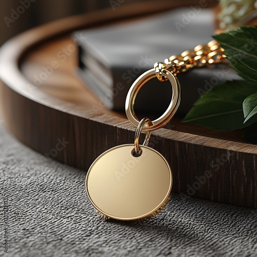 Mockup Gleaming Gold Keychain Resting on Rustic Wooden Table Surrounded by Natural Warm Tones Creating a Cozy and Inviting Atmosphere for Photography Valentine