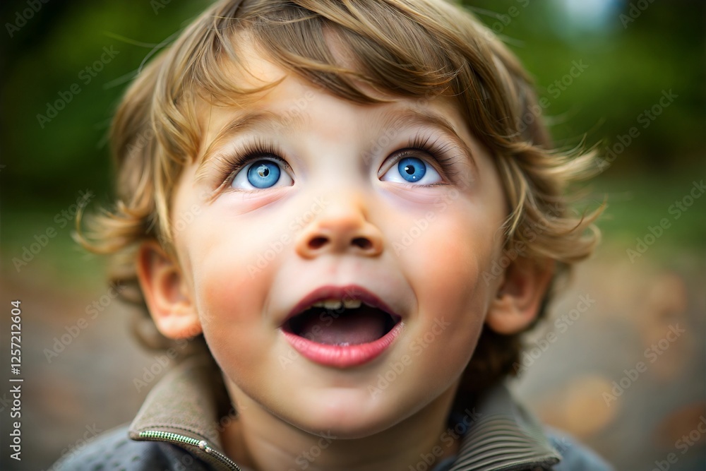 Curious toddler boy with bright blue eyes looking up in wonder Curious toddler boy with bright blue eyes looking up in wonder