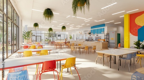 Modern bright cafeteria interior design, sunny day