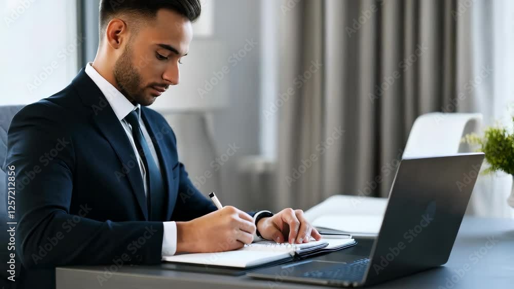 Focused businessman writing notes at desk with laptop Focused businessman writing notes at desk with laptop