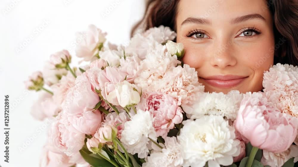 Woman's face with closed eyes among pink flowers, spring beauty concept, for cosmetics, wellness services, floral design, horizontal video. Mother's Day, Women's Day, wedding. Woman's face with closed eyes among pink flowers, spring beauty concept, for cosmetics, wellness services, floral design, horizontal video. Mother's Day, Women's Day, wedding.