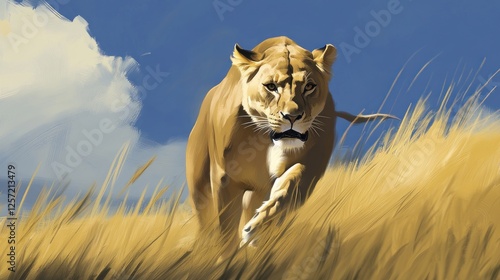 Lioness strides powerfully through the golden tall grass savanna photo