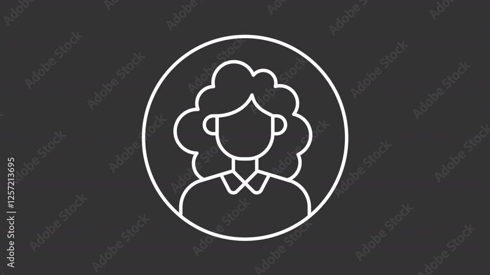 Animated curly haired woman avatar white icon. Lady shaking head in circle line animation. Social media user. Isolated illustration on dark background. Transition alpha video. Motion graphic Animated curly haired woman avatar white icon. Lady shaking head in circle line animation. Social media user. Isolated illustration on dark background. Transition alpha video. Motion graphic