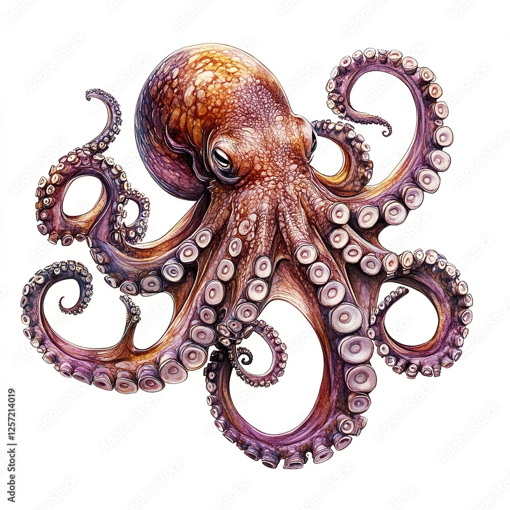 Obraz premium Detailed Watercolor Octopus Illustration Aquatic Life Ocean Animal Underwater Creature Sea Wildlife Realistic Painting Artistic Render Brown Purple