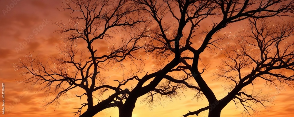 Tree branches etched against vibrant orange sky as day ends, purple, autumn landscape Tree branches etched against vibrant orange sky as day ends, purple, autumn landscape