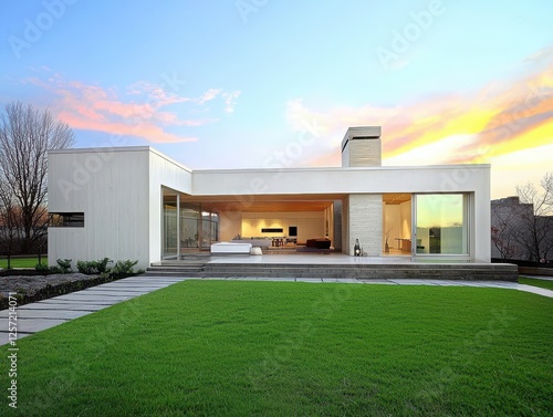 Contemporary Modern House Surrounded by Lush Greenery at Sunset