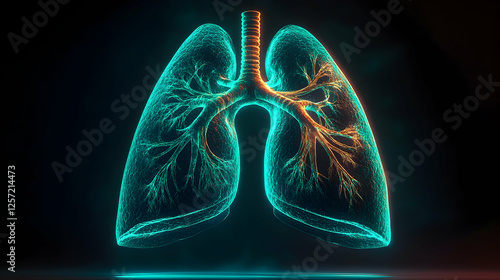 3D Illustration Glowing Lungs, Respiratory System, Bronchi, Anatomy, Healthcare photo