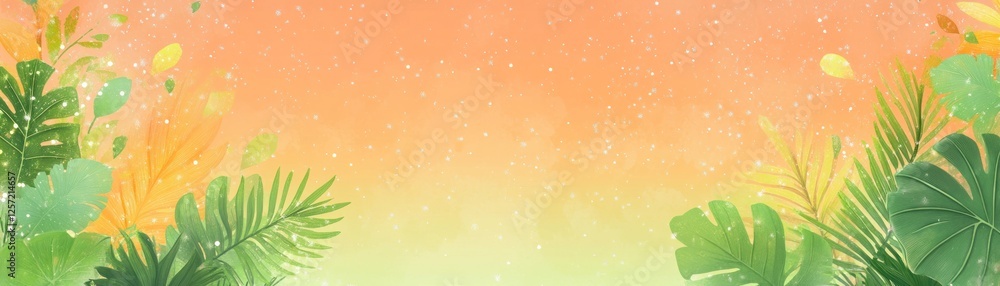 Digital illustration showcases tropical foliage against a warm colored background Digital illustration showcases tropical foliage against a warm colored background