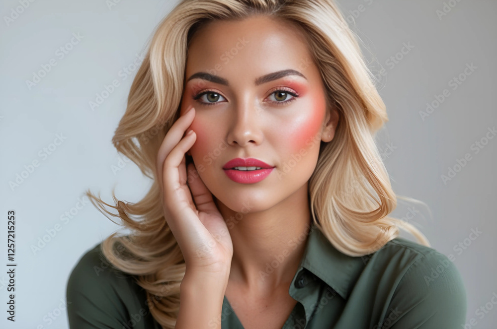Medium Shot Model with Tanned Skin, Blond Hair, and Coral Pink Makeup, Touching Her Face While Looking Directly at the Camera Medium Shot Model with Tanned Skin, Blond Hair, and Coral Pink Makeup, Touching Her Face While Looking Directly at the Camera