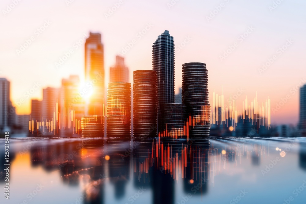 Fototapeta premium Financial City Skyline Sunset Illustration