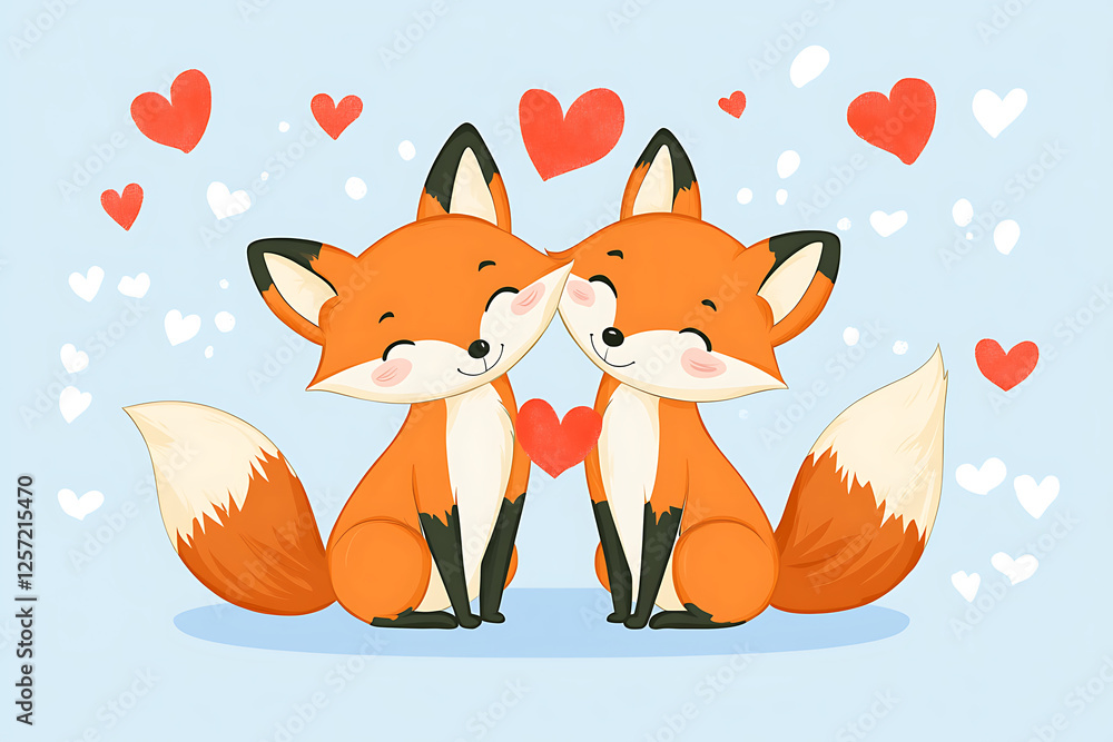 Obraz premium Two adorable cartoon foxes sharing a heart in a playful, colorful setting with floating hearts